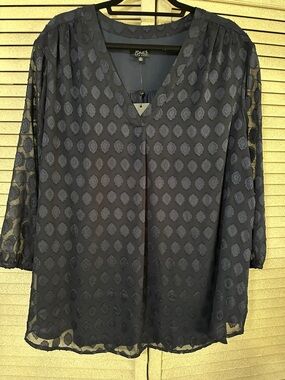 Jones New York Sheer Navy Dot V-Neck Blouse
